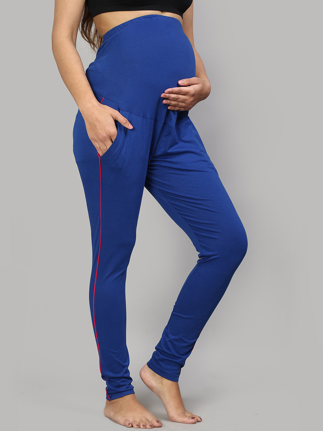 SillyBoom Women Blue Solid Maternity Churidar Length Yoga Pants Leggings