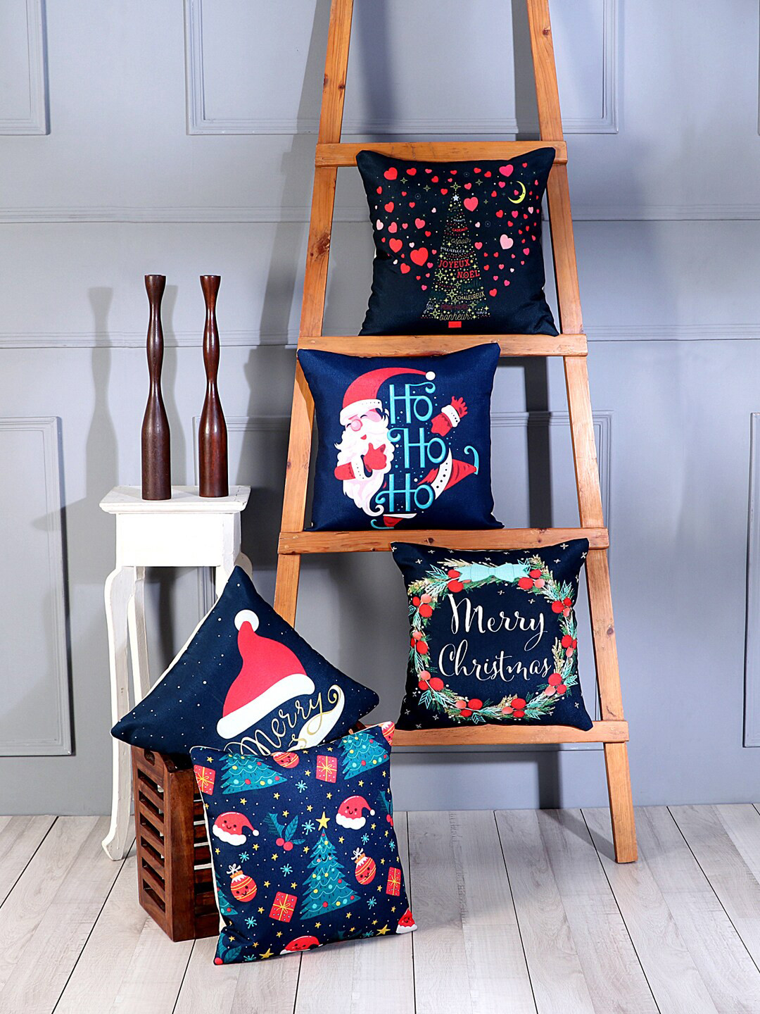 SOKNACK Blue Conversational Polyester Anti-Wrinkle 5 Pcs Patchwork Cushion Covers -16x16In