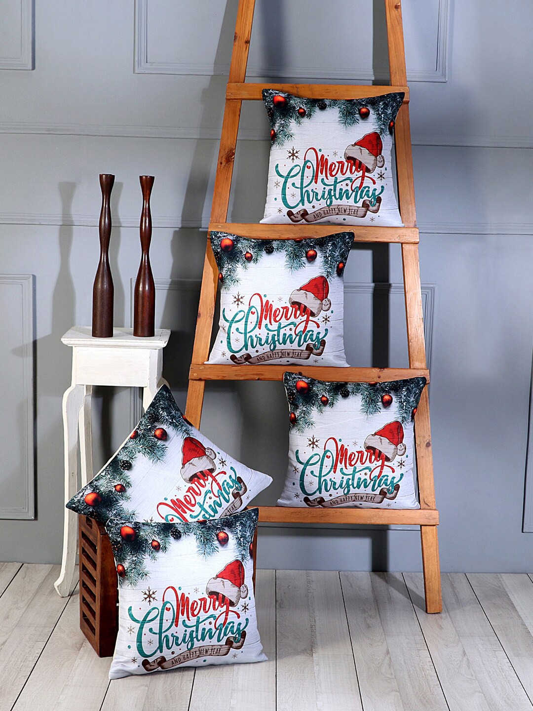 SOKNACK Christmas Typography Polyester Anti-Wrinkle 5 Pcs Cushion Covers - 16 x 16 In