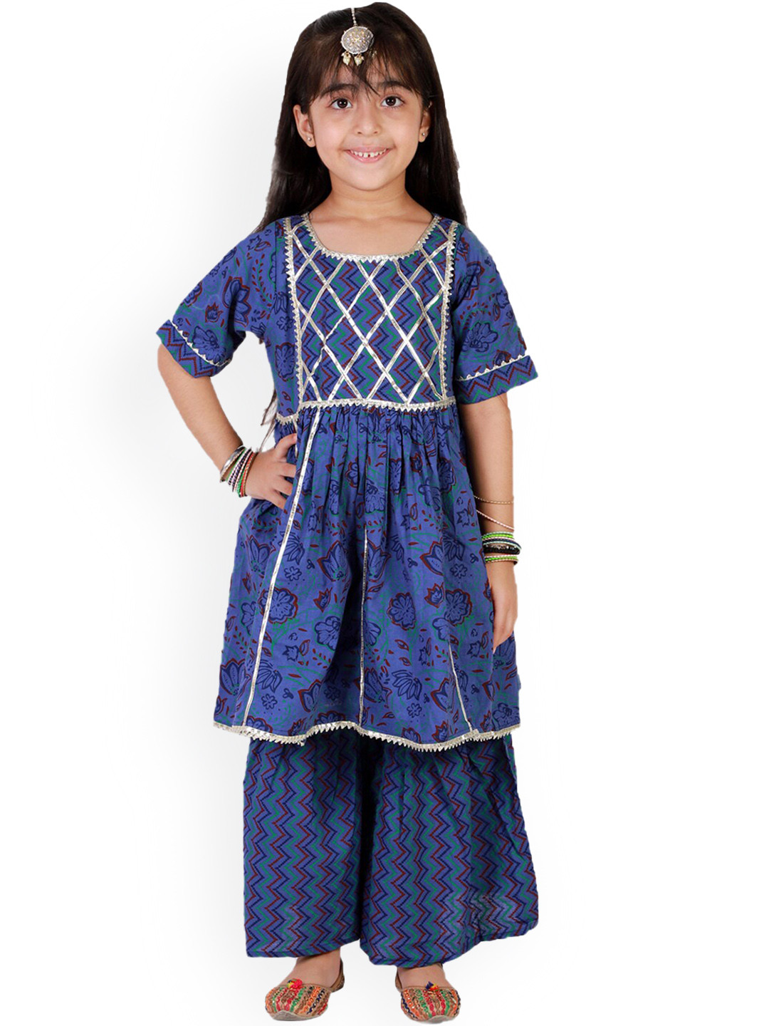 Superminis Girls Navy Blue Floral Printed Pleated Gotta Patti Pure Cotton Kurta with Sharara