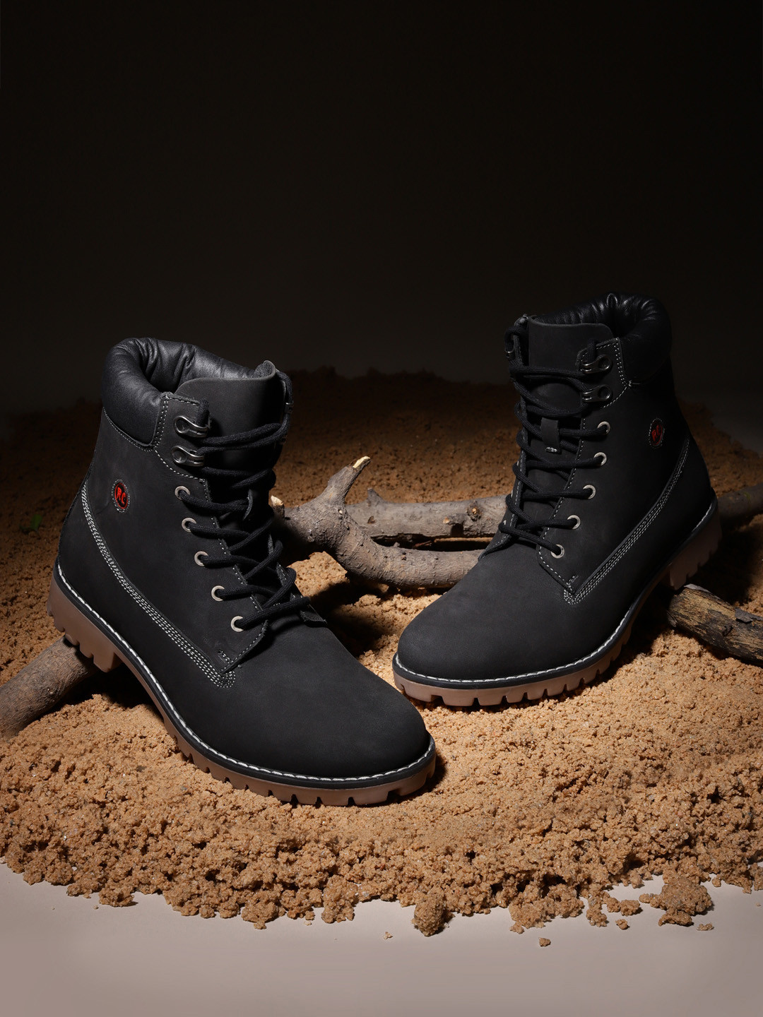 Red Chief Men Black Solid Leather High-Top Boots
