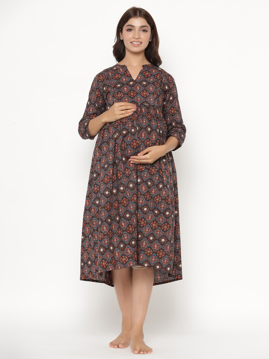 CRAFIQA Women Coffee Brown & Blue Printed Cotton A-Line Maternity & Nursing Ethnic Dresses