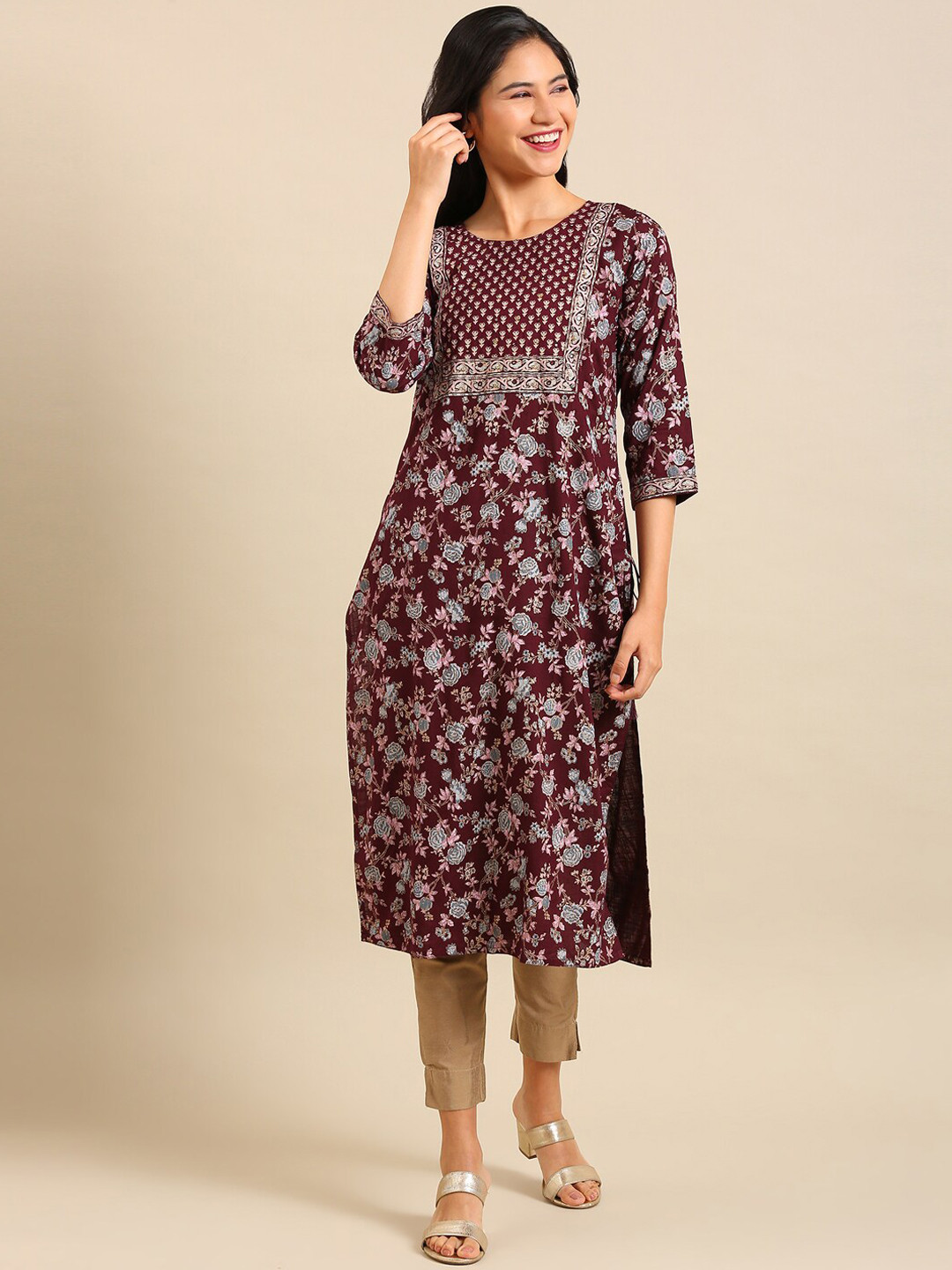 SHOWOFFFF Burgundy Floral Printed Kurta