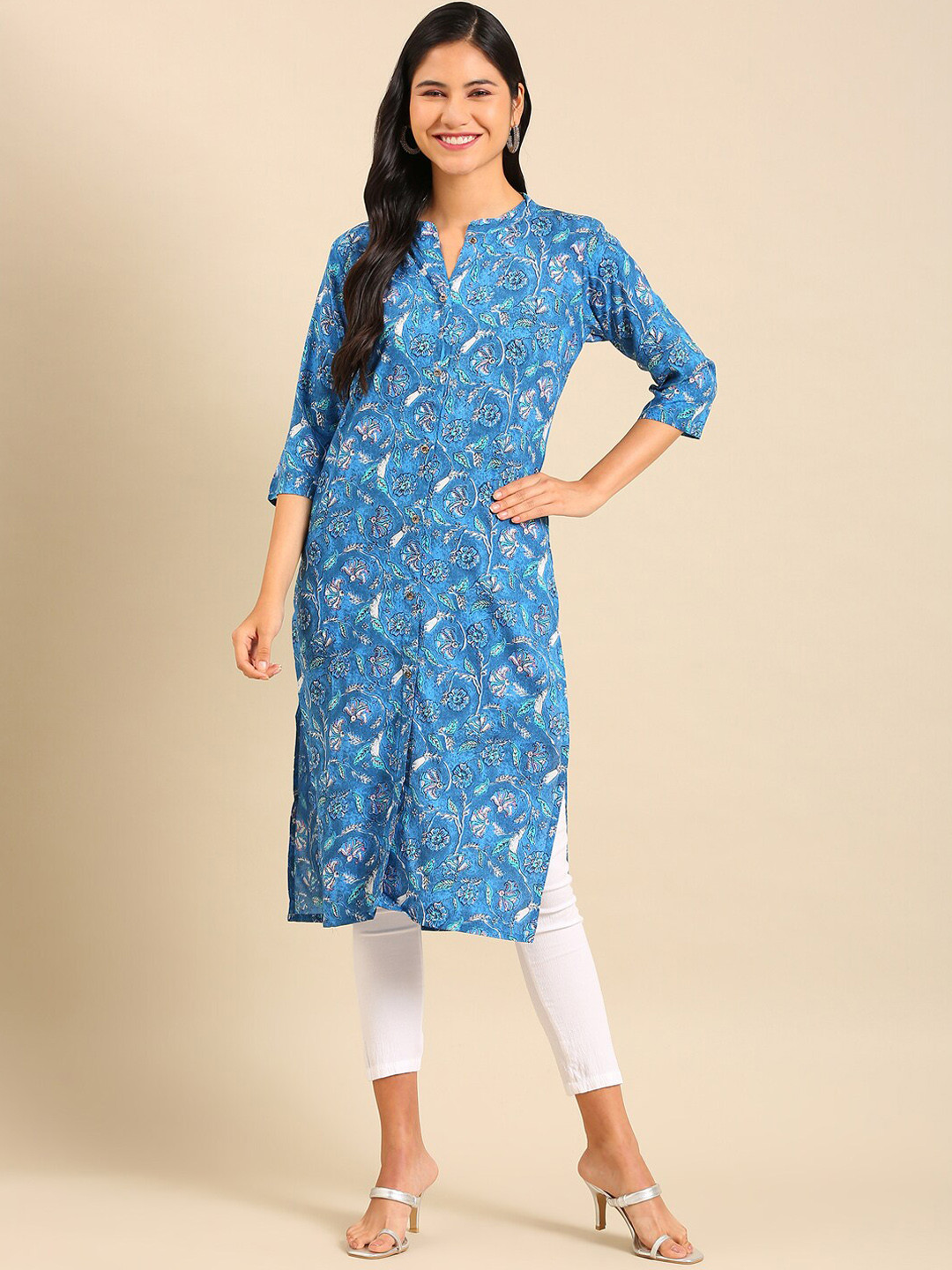 SHOWOFFFF Women Blue Floral Printed Cotton Kurta