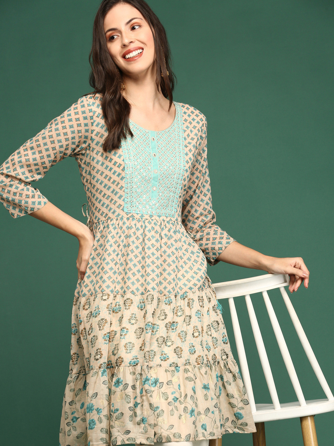 SHOWOFF Women Beige & Turquoise Blue Ethnic Motifs Printed Cotton Thread Work Kurta