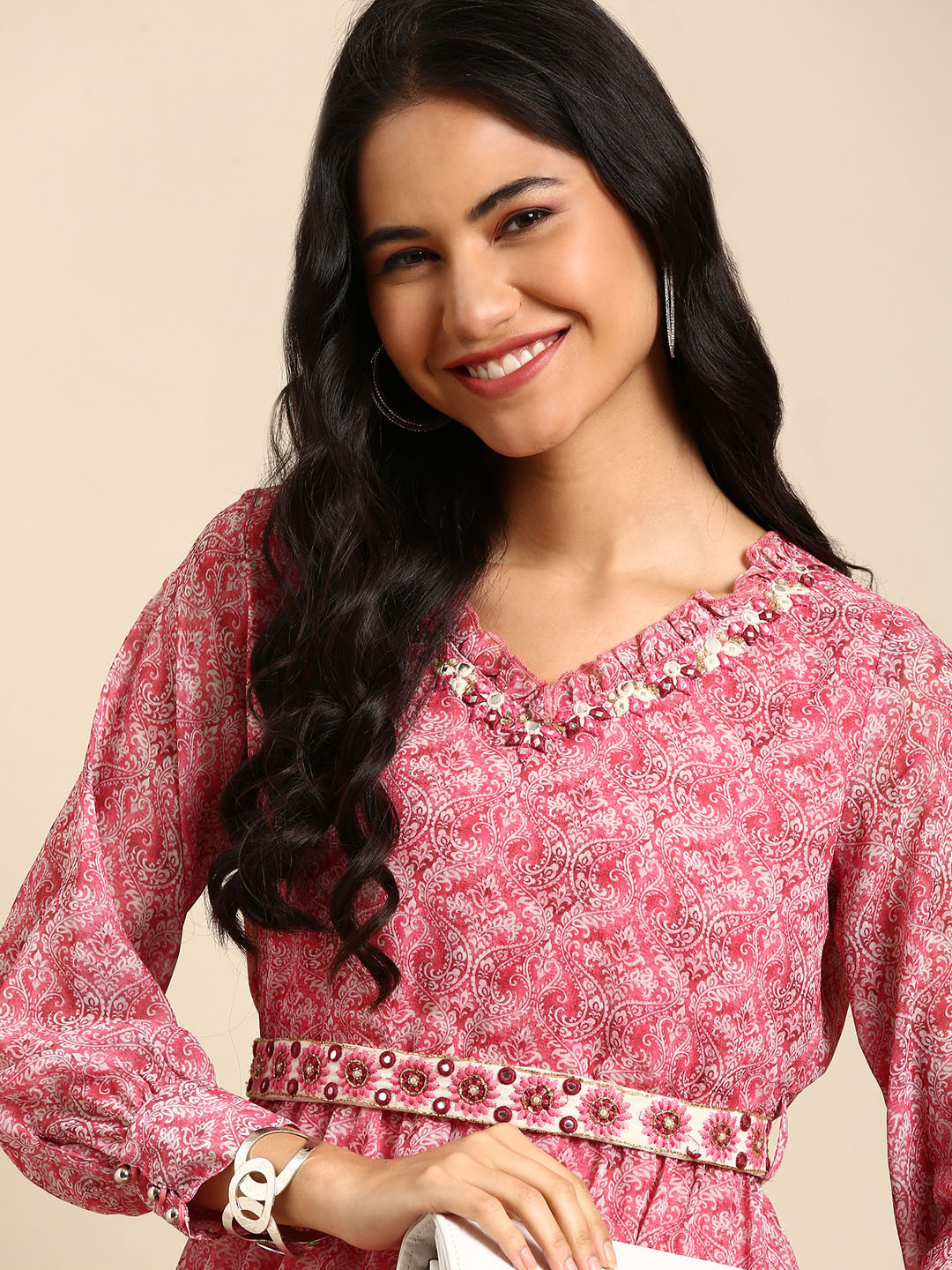 SHOWOFF Women Pink Paisley Belted Detail Kurta