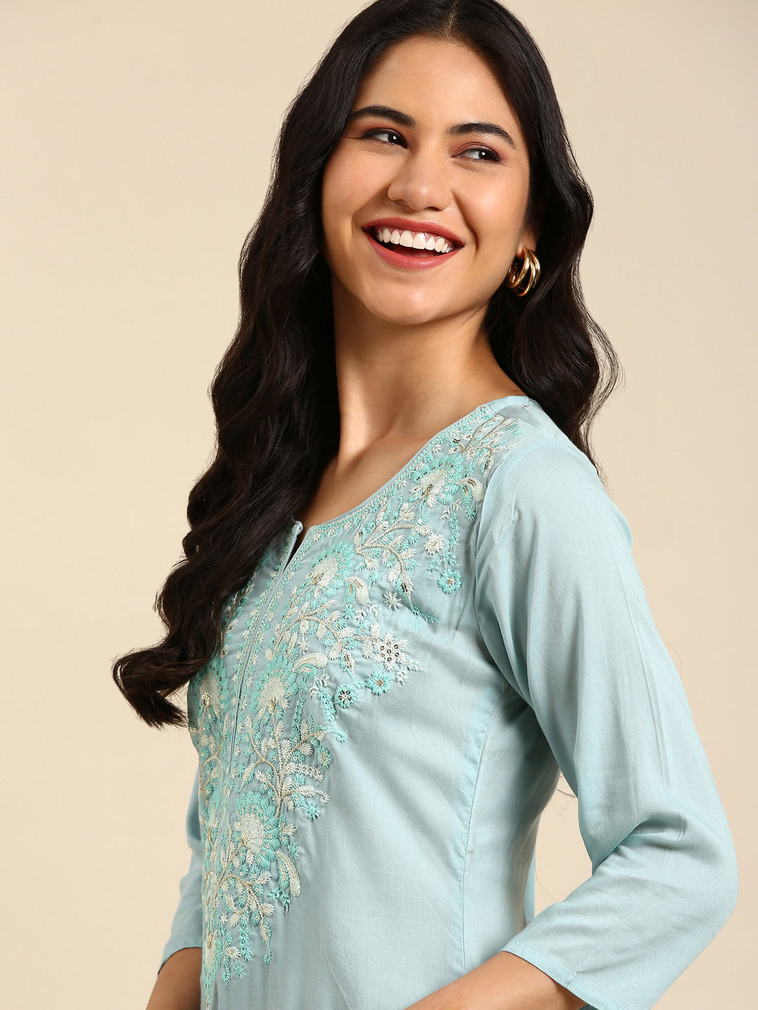 SHOWOFF Blue Yoke Design Gotta Patti Chanderi Silk Kurta