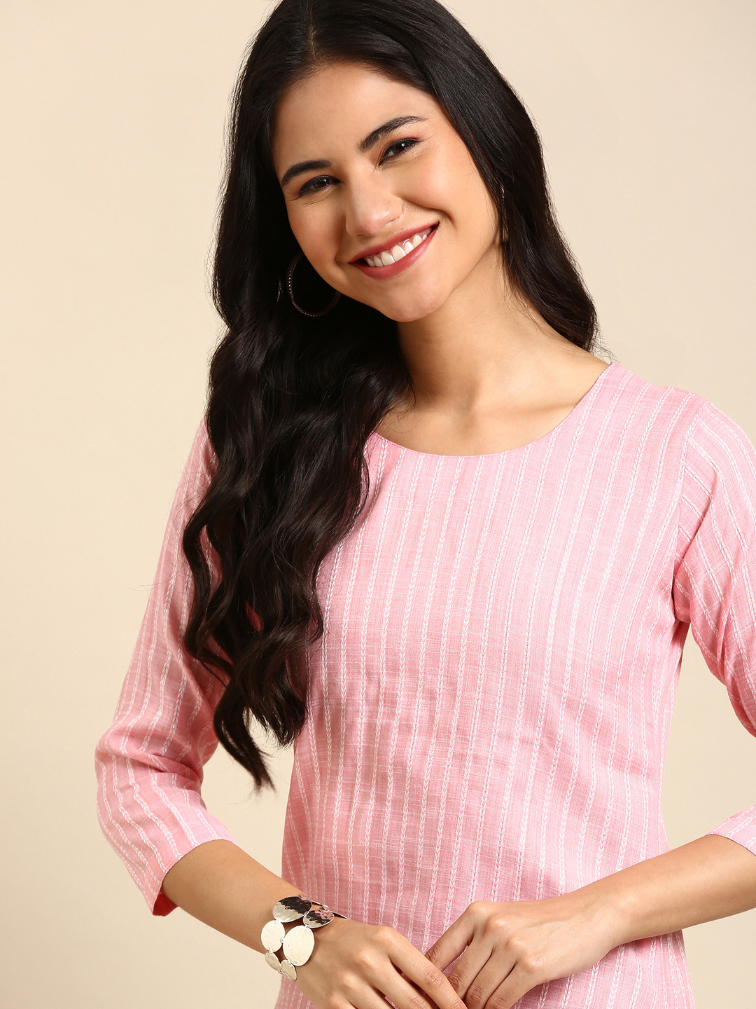 SHOWOFFFF Women Pink & White Striped Kurta