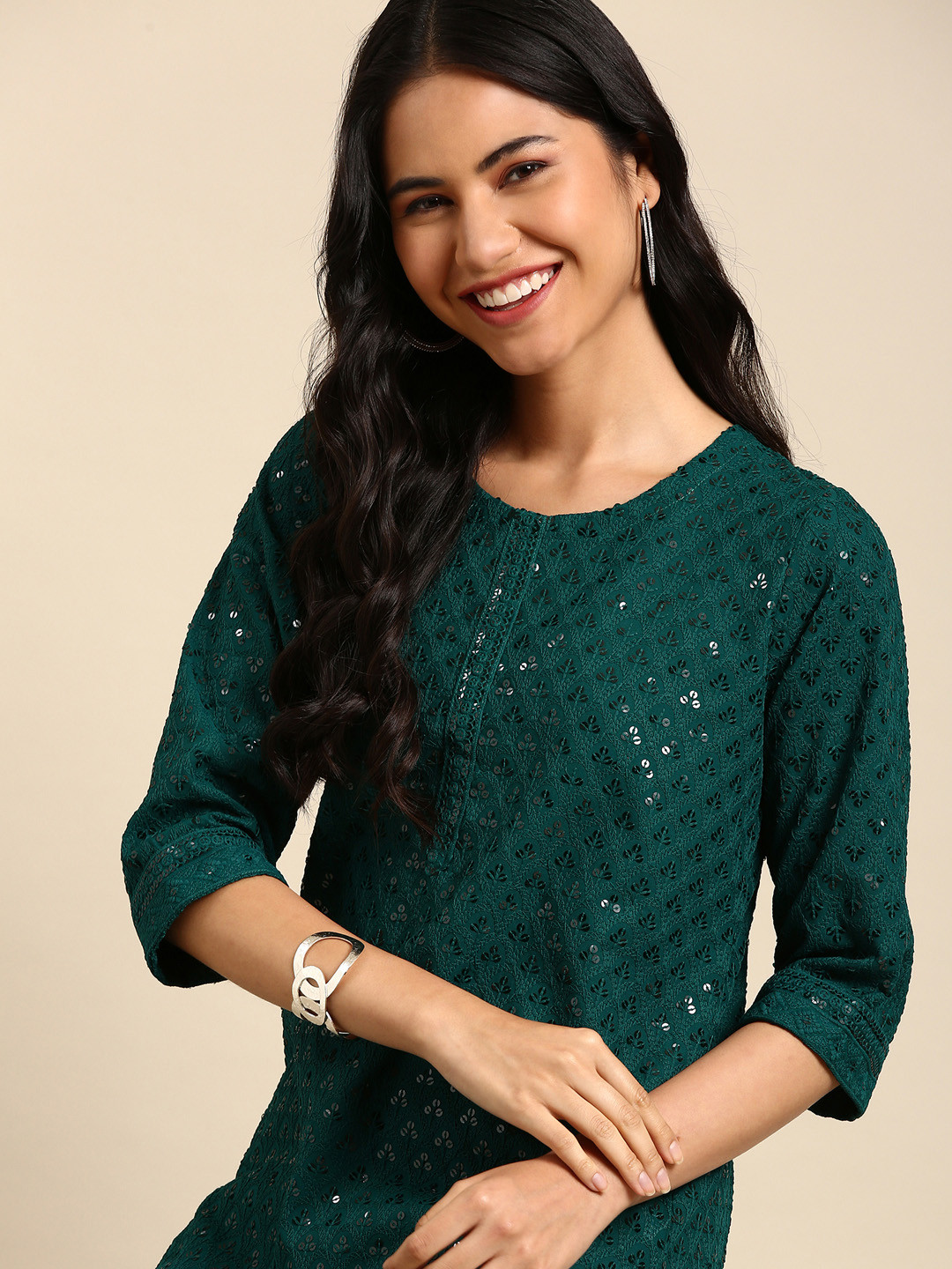 SHOWOFFFF Women Round Neck Green Kurta