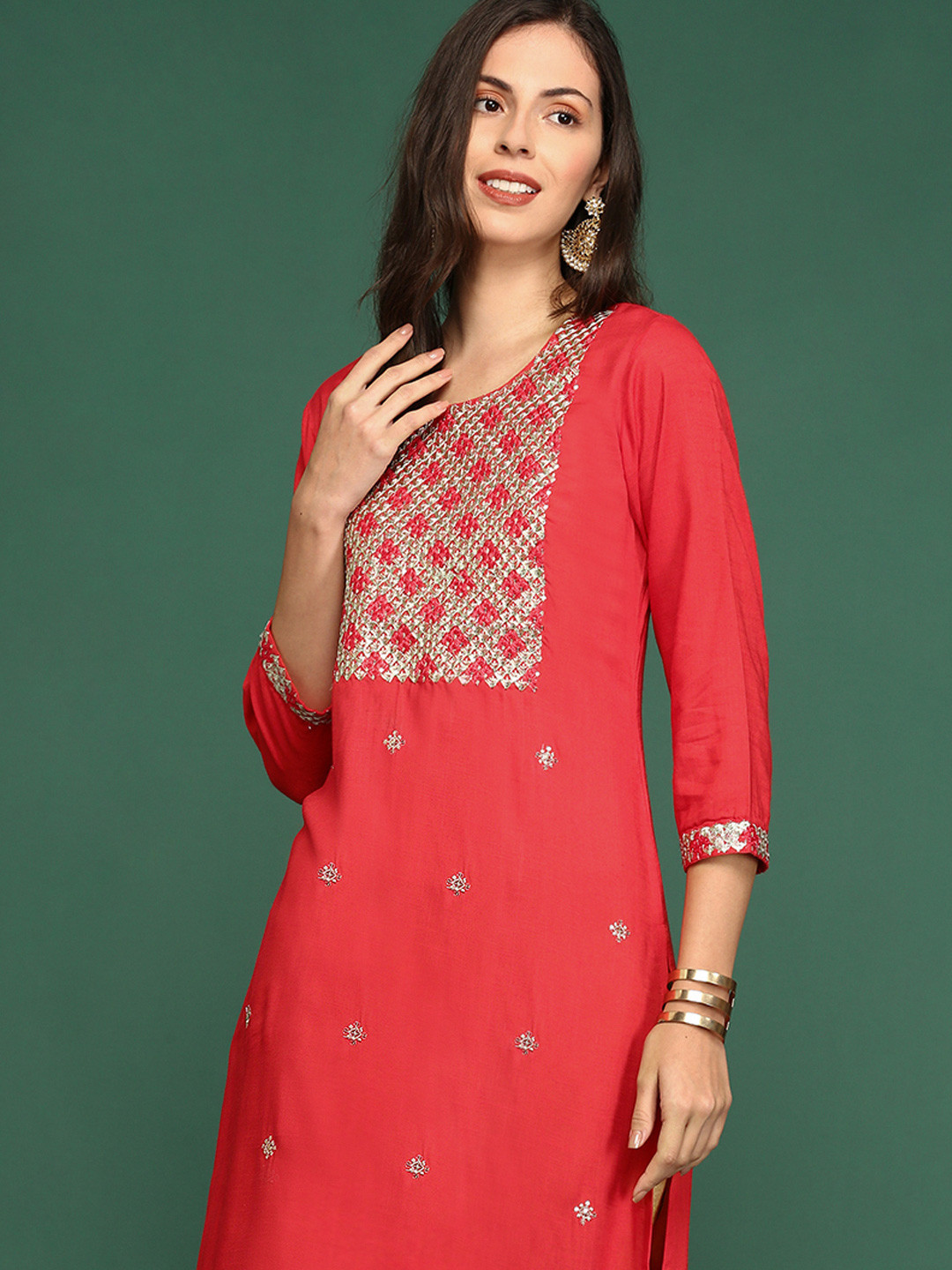 SHOWOFF Floral Embroidered Sequins A-Line Regular Kurta