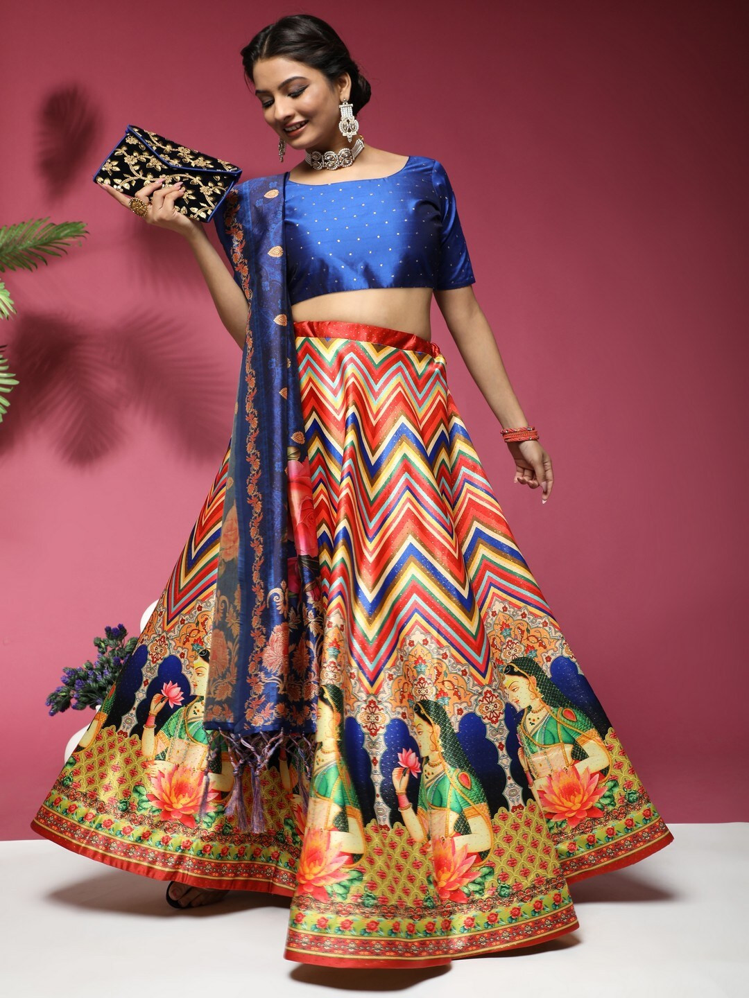 Kaizen TEXO FAB Blue & Red Printed Batik Semi-Stitched Lehenga & Blouse With Dupatta