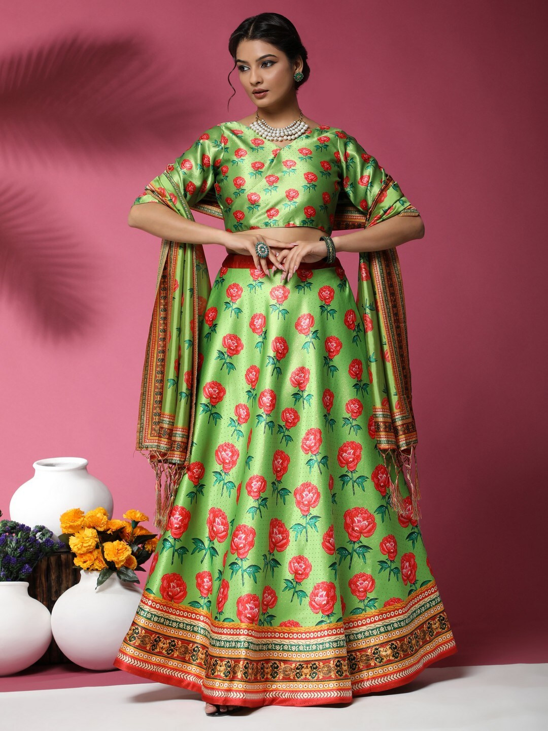 Kaizen TEXO FAB Green & Peach-Coloured Printed Semi-Stitched Lehenga & Blouse With Dupatta