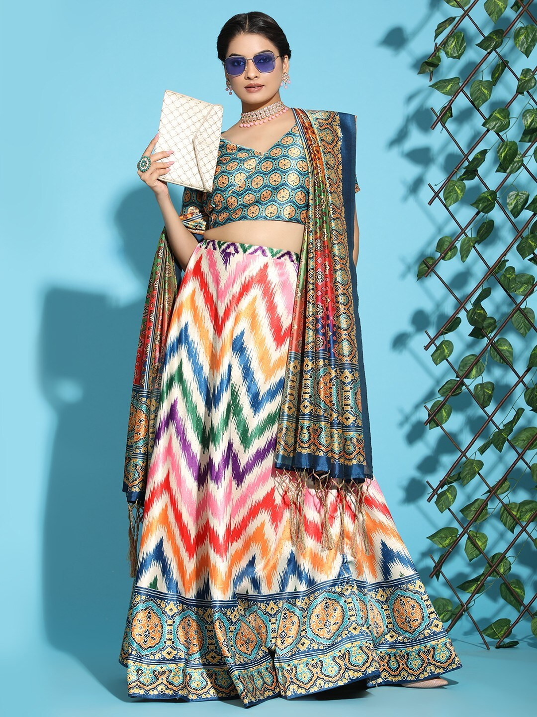 Kaizen TEXO FAB Green & Blue Printed Ikat Semi-Stitched Lehenga & Blouse With Dupatta
