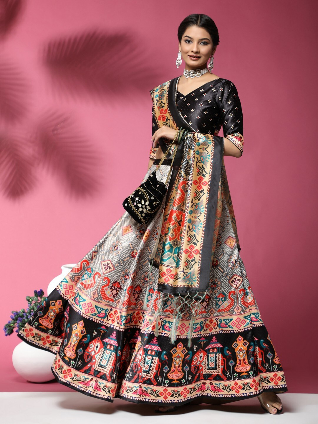 Kaizen TEXO FAB Black & Grey Printed Semi-Stitched Lehenga & Blouse With Dupatta