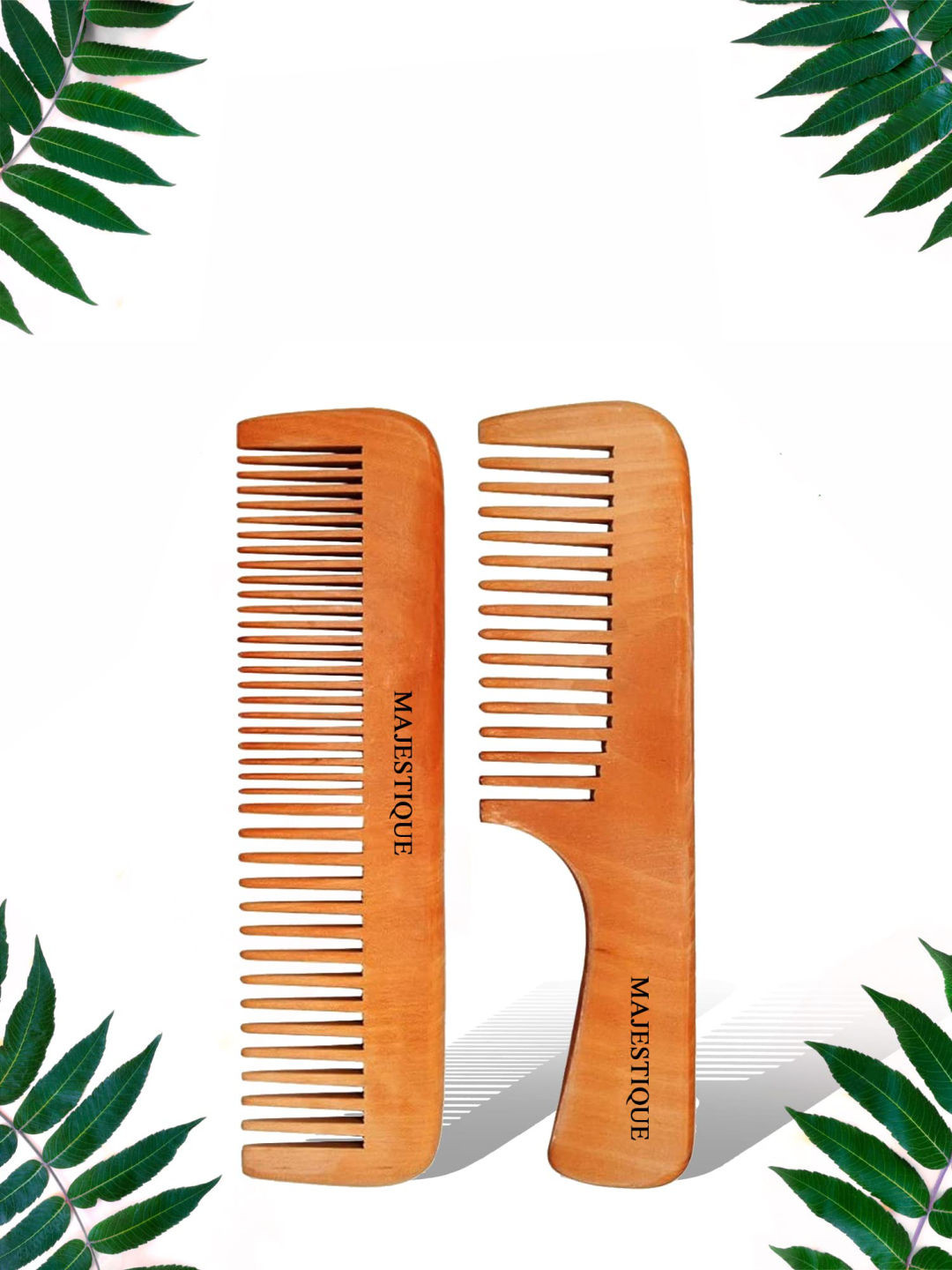 MAJESTIQUE Set Of 2 Anti-Static & No Snag Wooden Neem Hair Comb