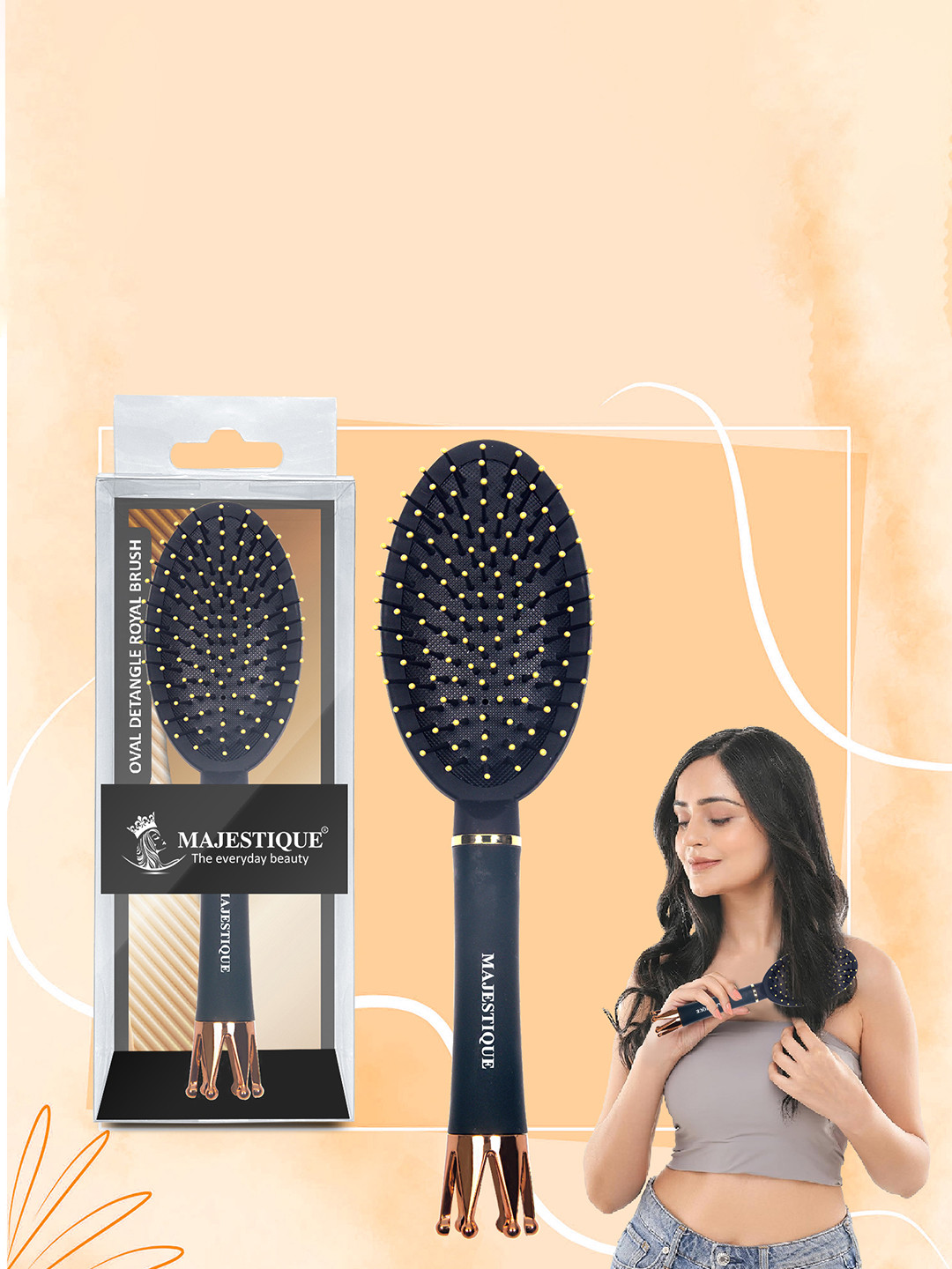 MAJESTIQUE Oval Detangle Royal Crown Ultra-Soft IntelliFlex Bristles Hair Brush - Black