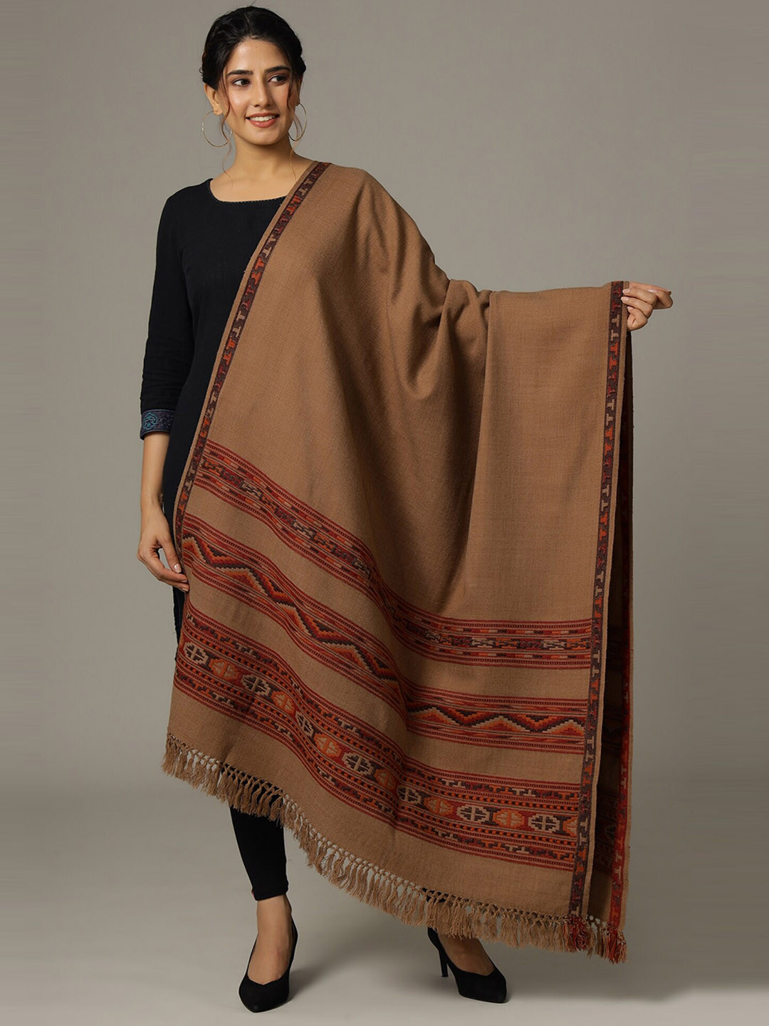 HANDICRAFT PALACE Women Brown Solid Hand Woven Wool Shawl