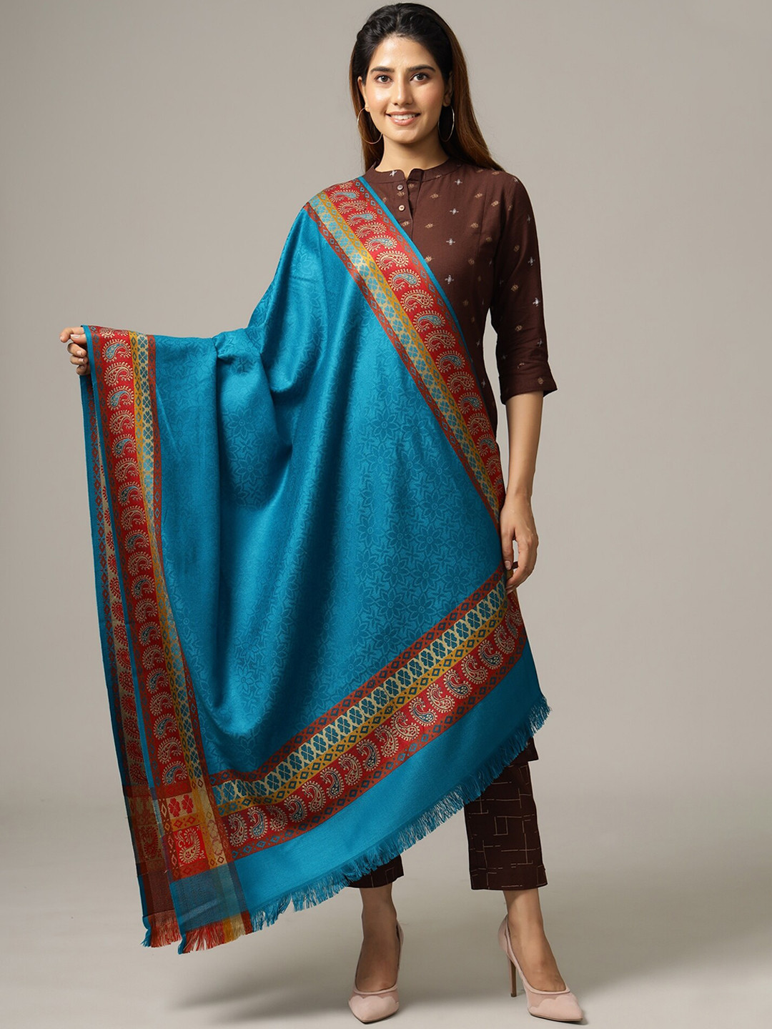 HANDICRAFT PALACE Women Turquoise Blue Hand Woven Design Jamwar Paisley Wool Shawl