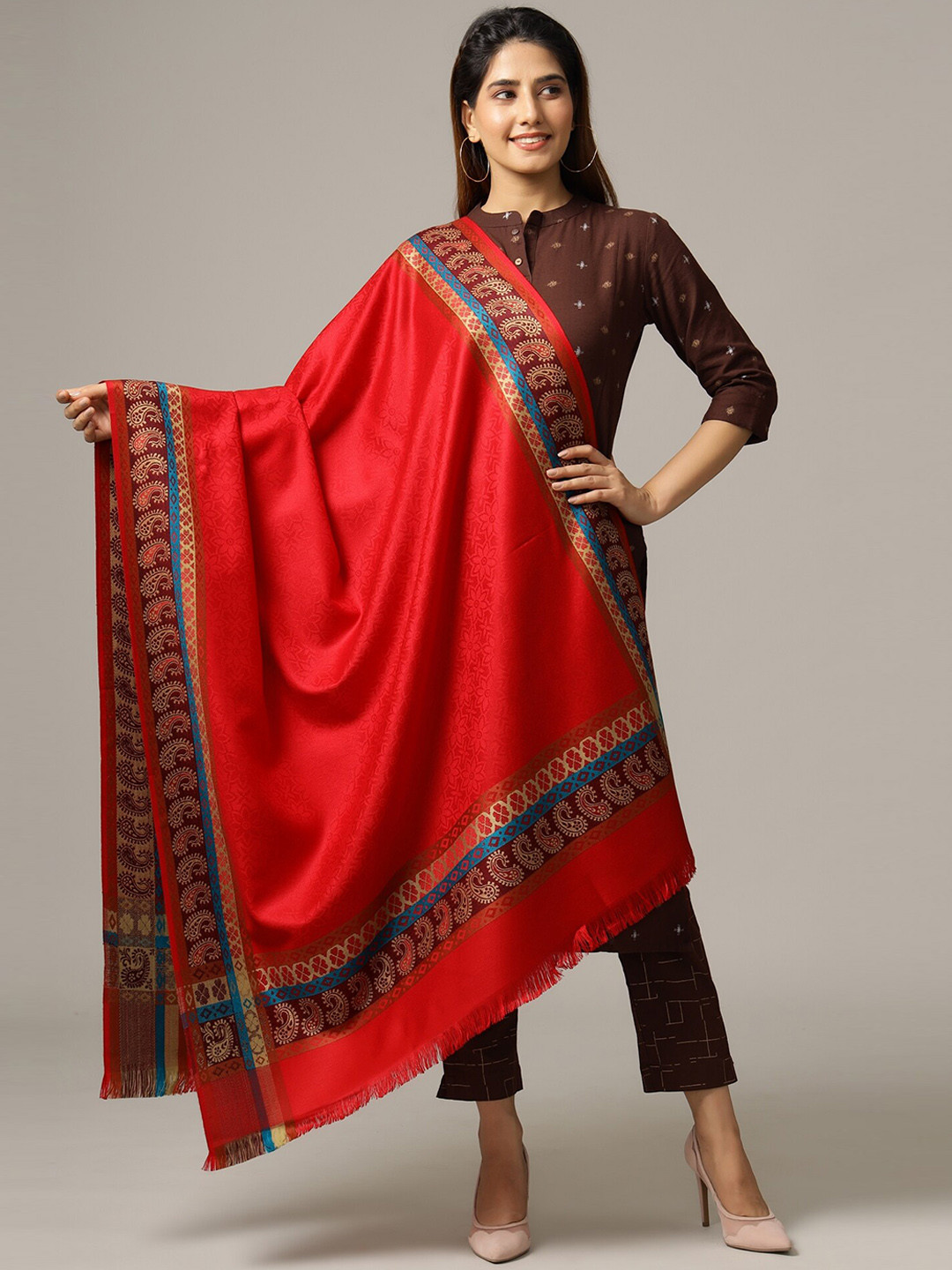 HANDICRAFT PALACE Women Red Hand Woven Design Jamwar Paisley Wool Shawl