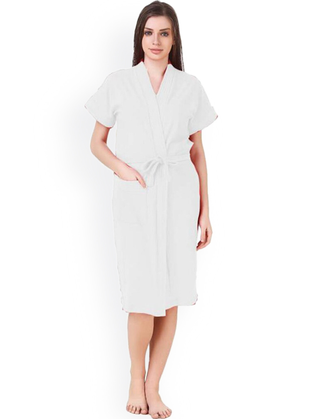 POORAK White Solid Cotton Drawstring Knee Length Bath Robe