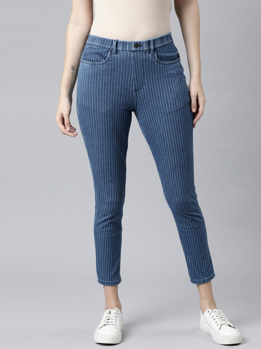 Go Colors Women Blue Slim Fit Striped Jeggings