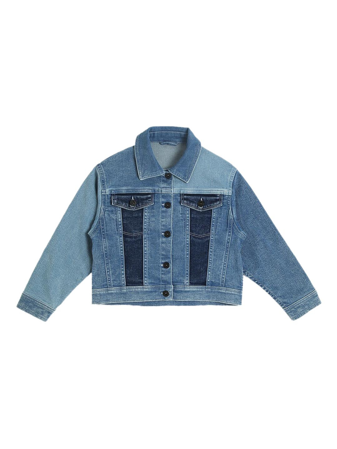 Pepe Jeans Girls Blue Crop Denim Jacket With Patchwork