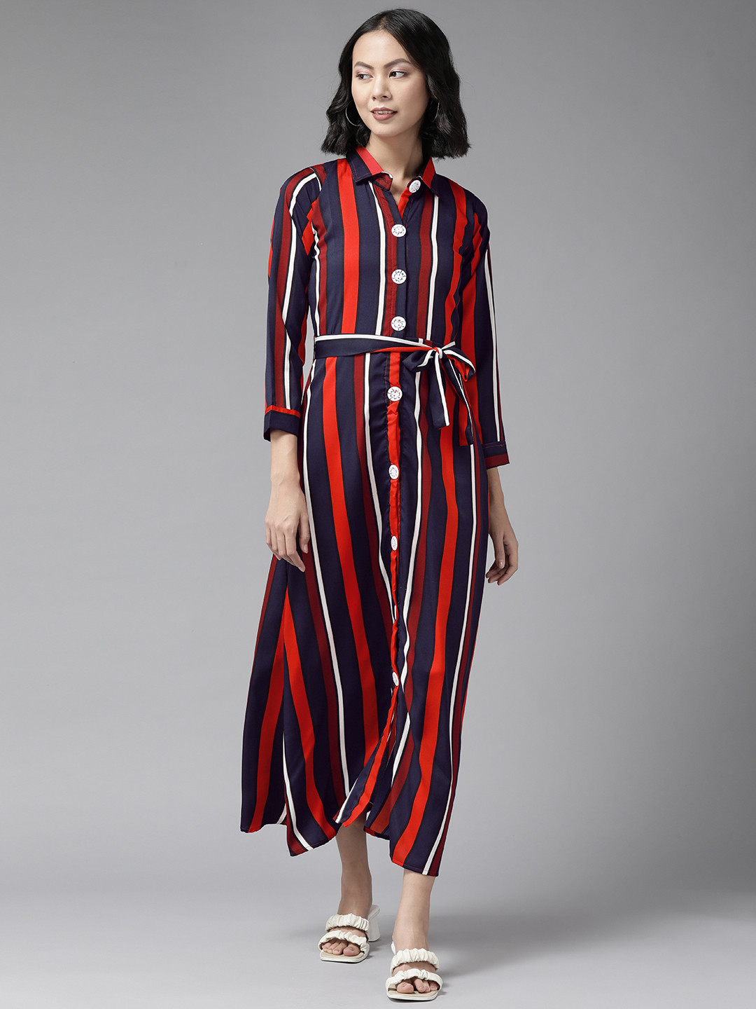 Aarika Women Navy Blue Red & White Striped Georgette Maxi Shirt Dress