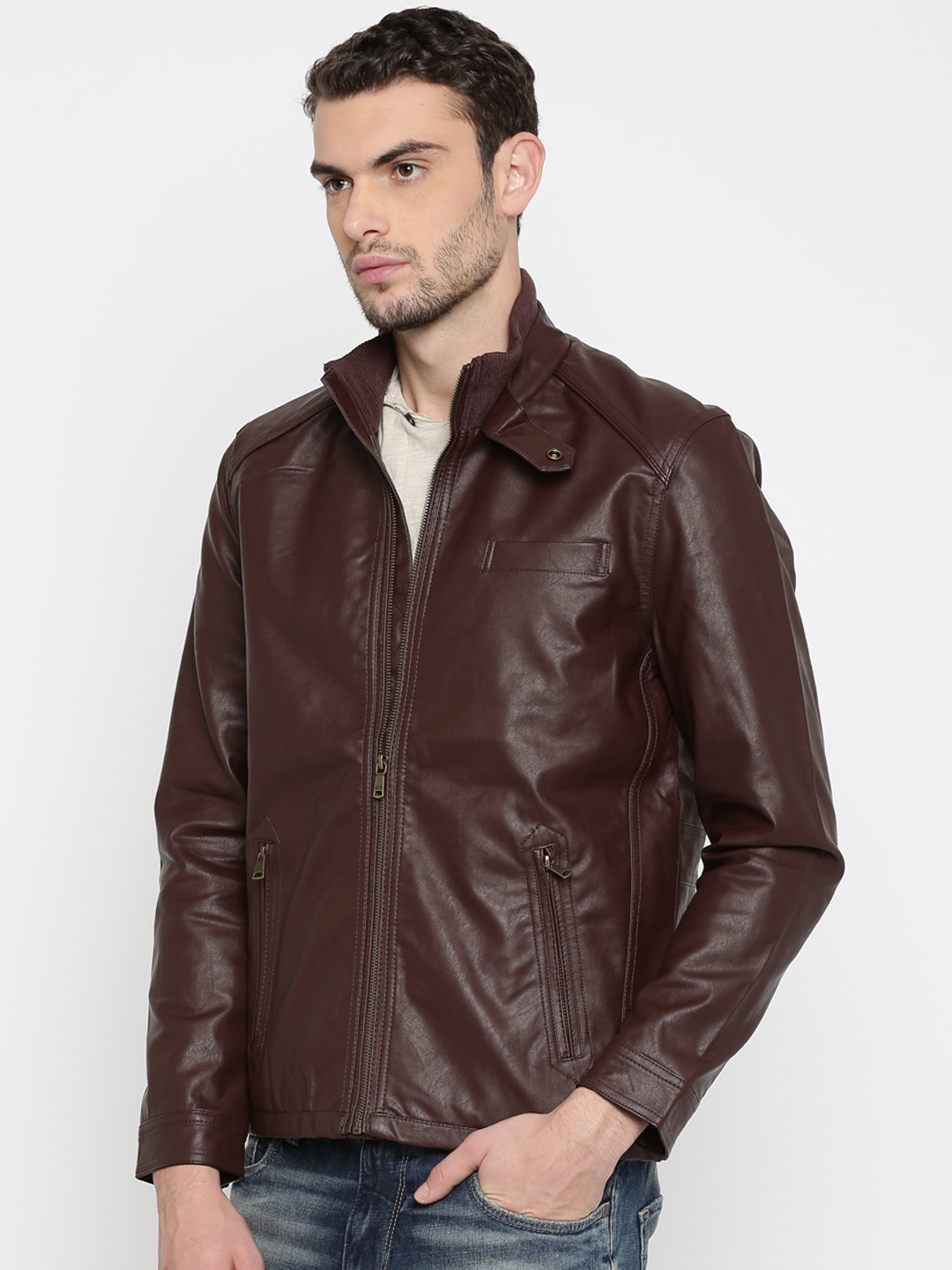 Indian Terrain Men Maroon Solid Biker Jacket Jackets