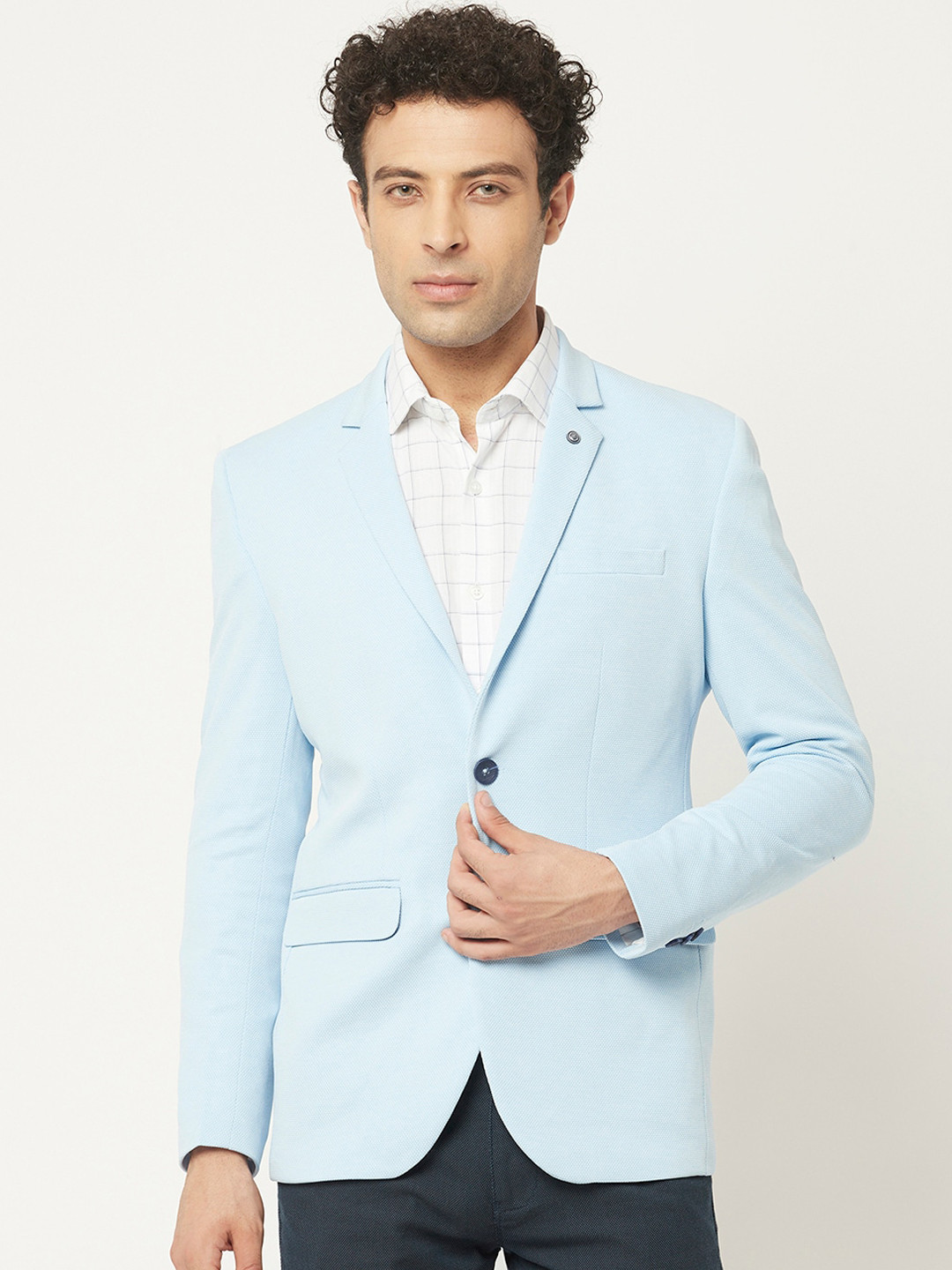 Crimsoune Club Men Light Blue Textured Single-Breasted Blazers
