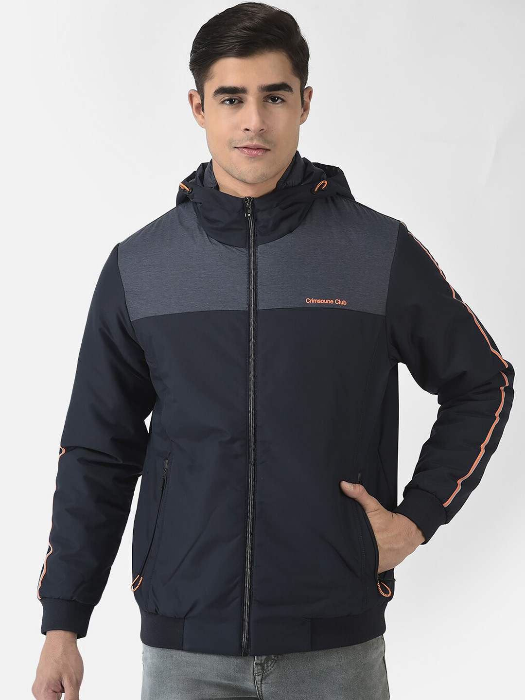Crimsoune Club Men Navy Blue & Grey Colourblocked Bomber Jacket