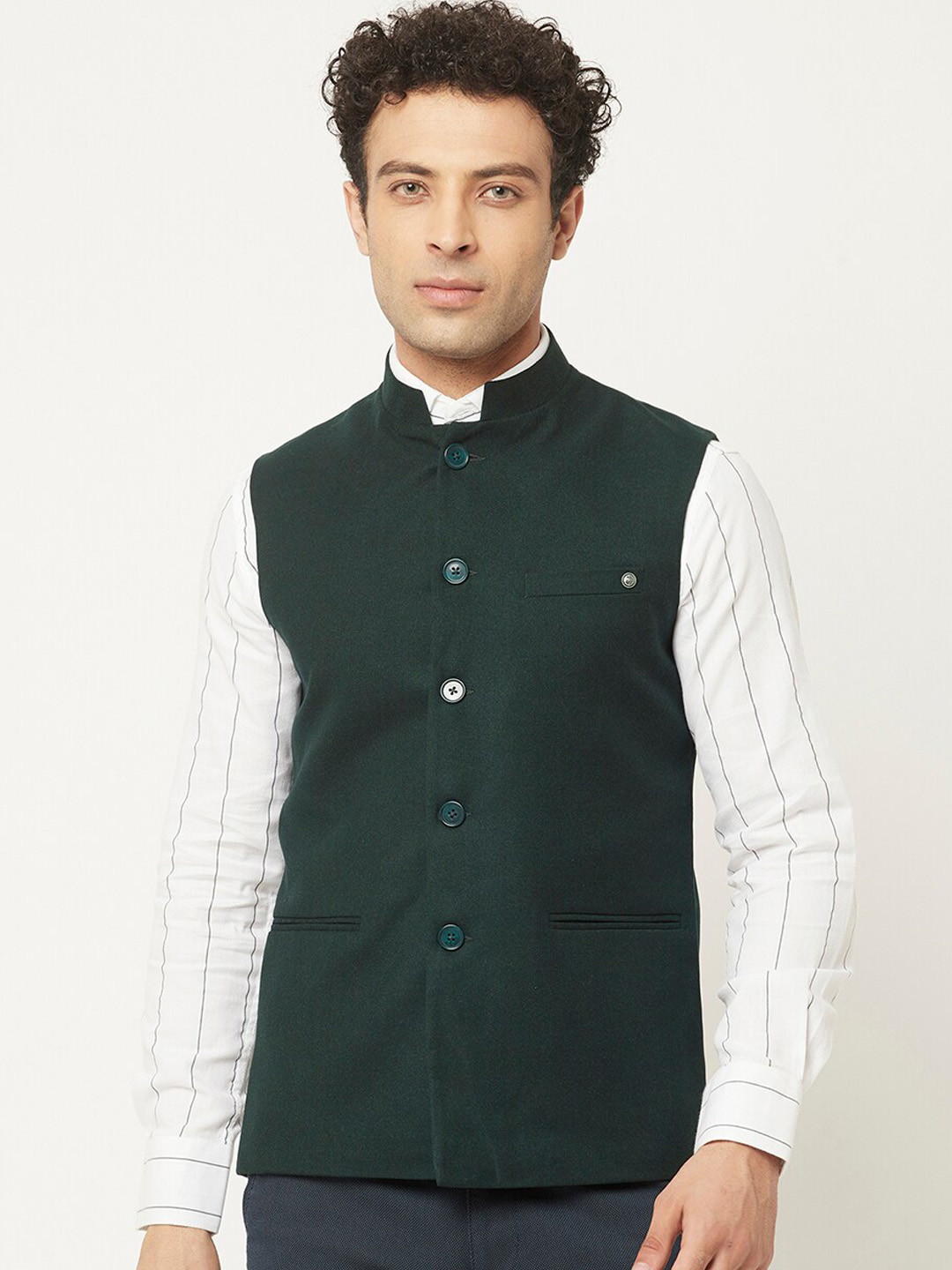 Crimsoune Club Men Green Solid Nehru Jacket