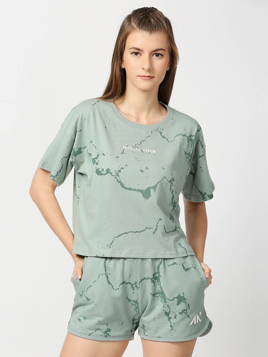 AESTHETIC NATION Women Green Printed Drop-Shoulder Sleeves Pure Cotton Boxy T-shirt