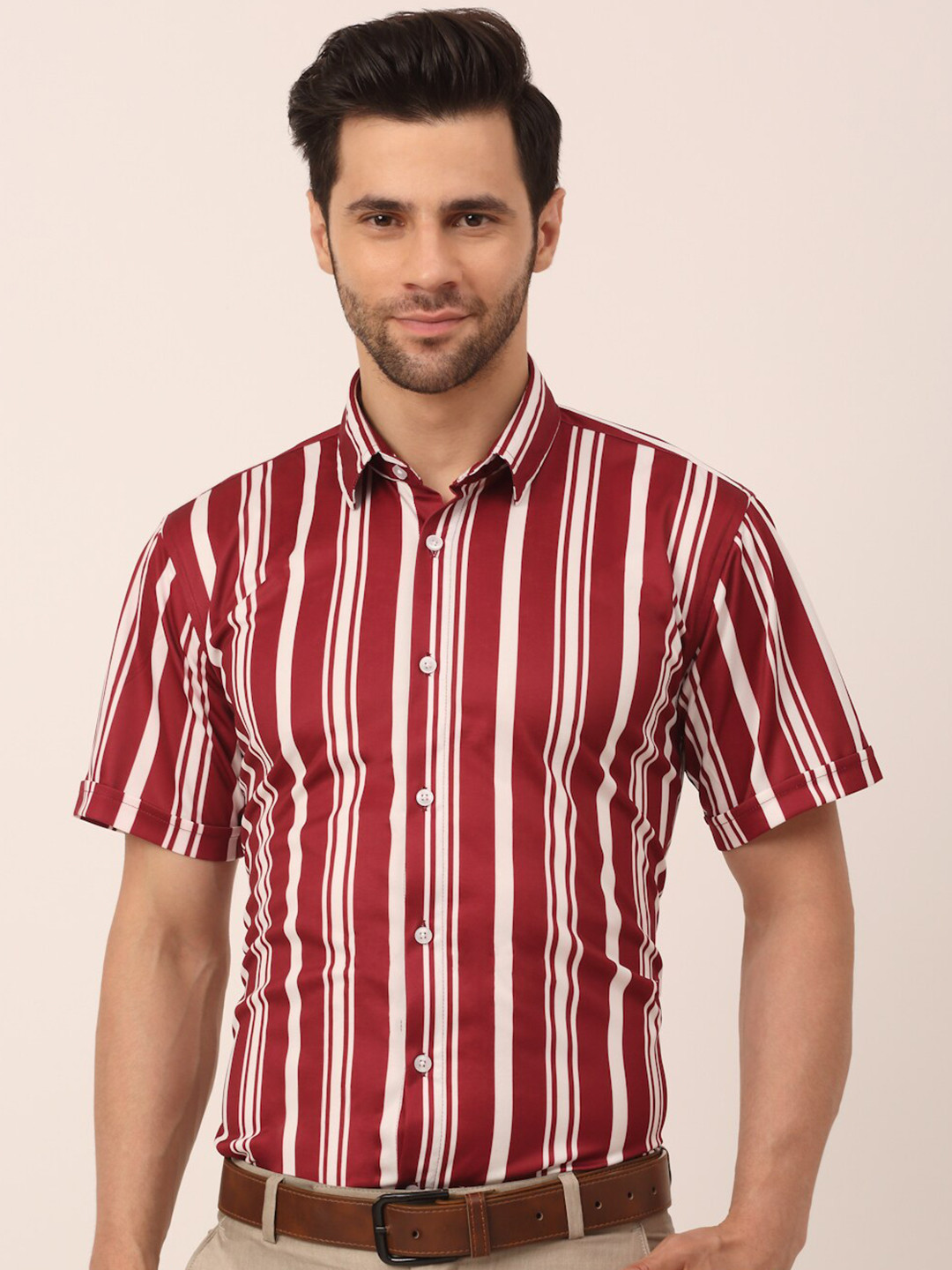 JAINISH Men Maroon Classic Striped Formal Shirt