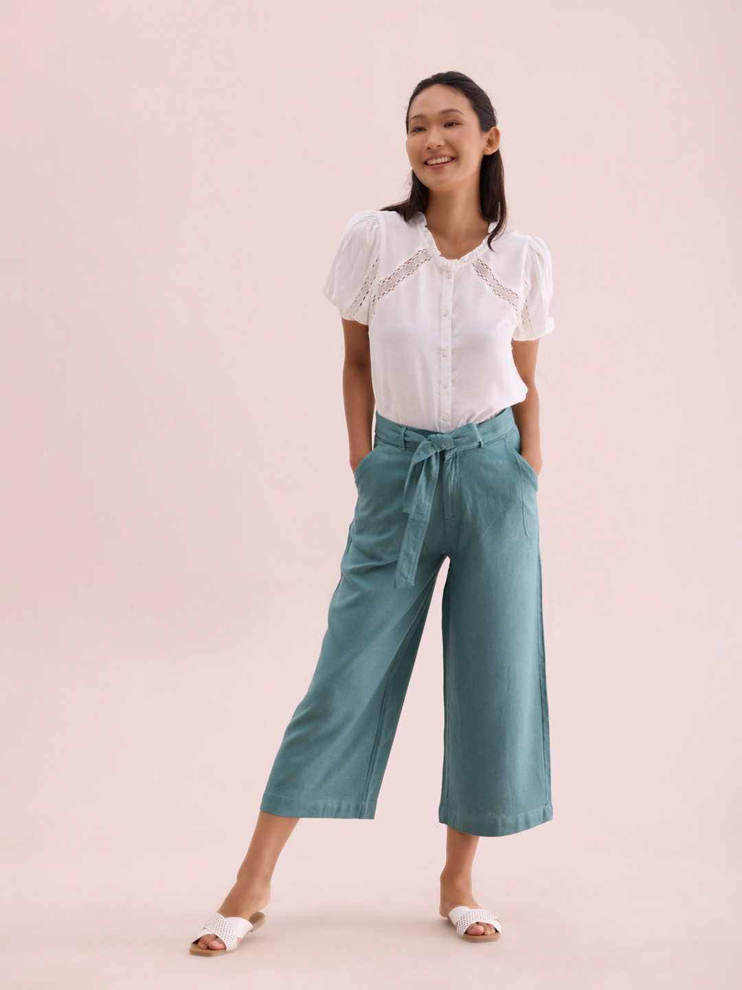 Go Colors Women Green Plus Size Cotton Cropped Trousers