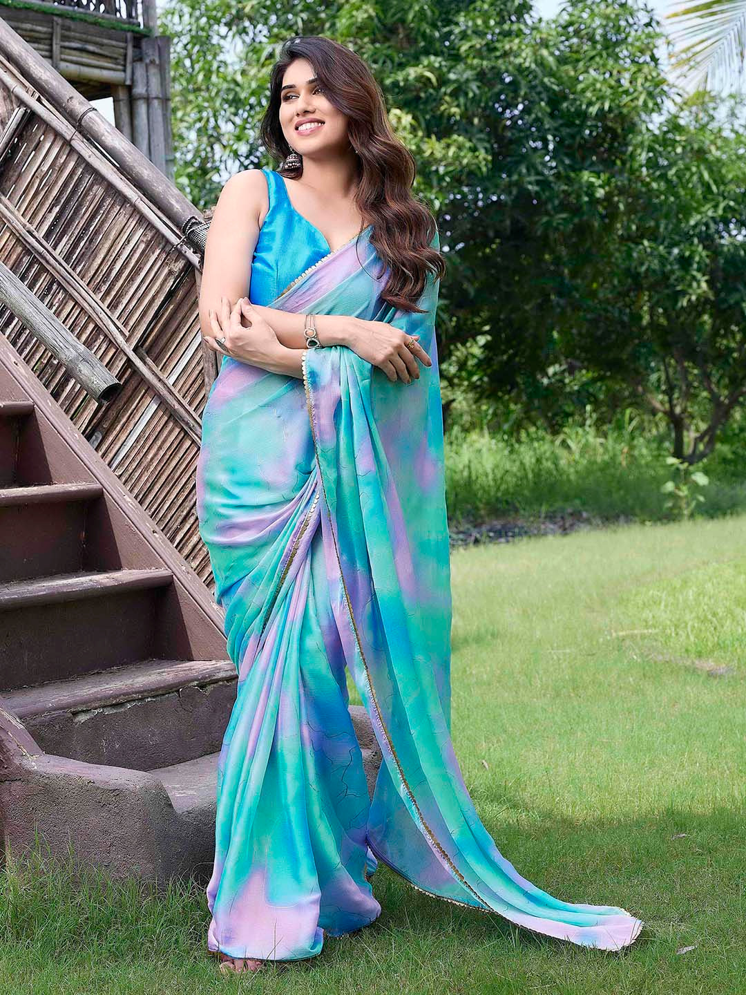 KALINI Teal & Blue Tie and Dye Saree