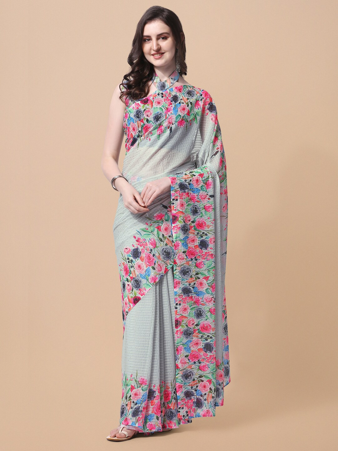 KALINI Grey & Pink Floral Printed Sequinned Saree
