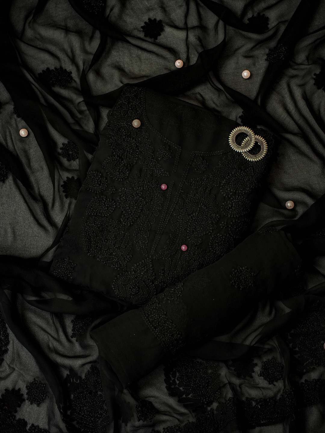 ADA Black Embroidered Georgette Unstitched Dress Material