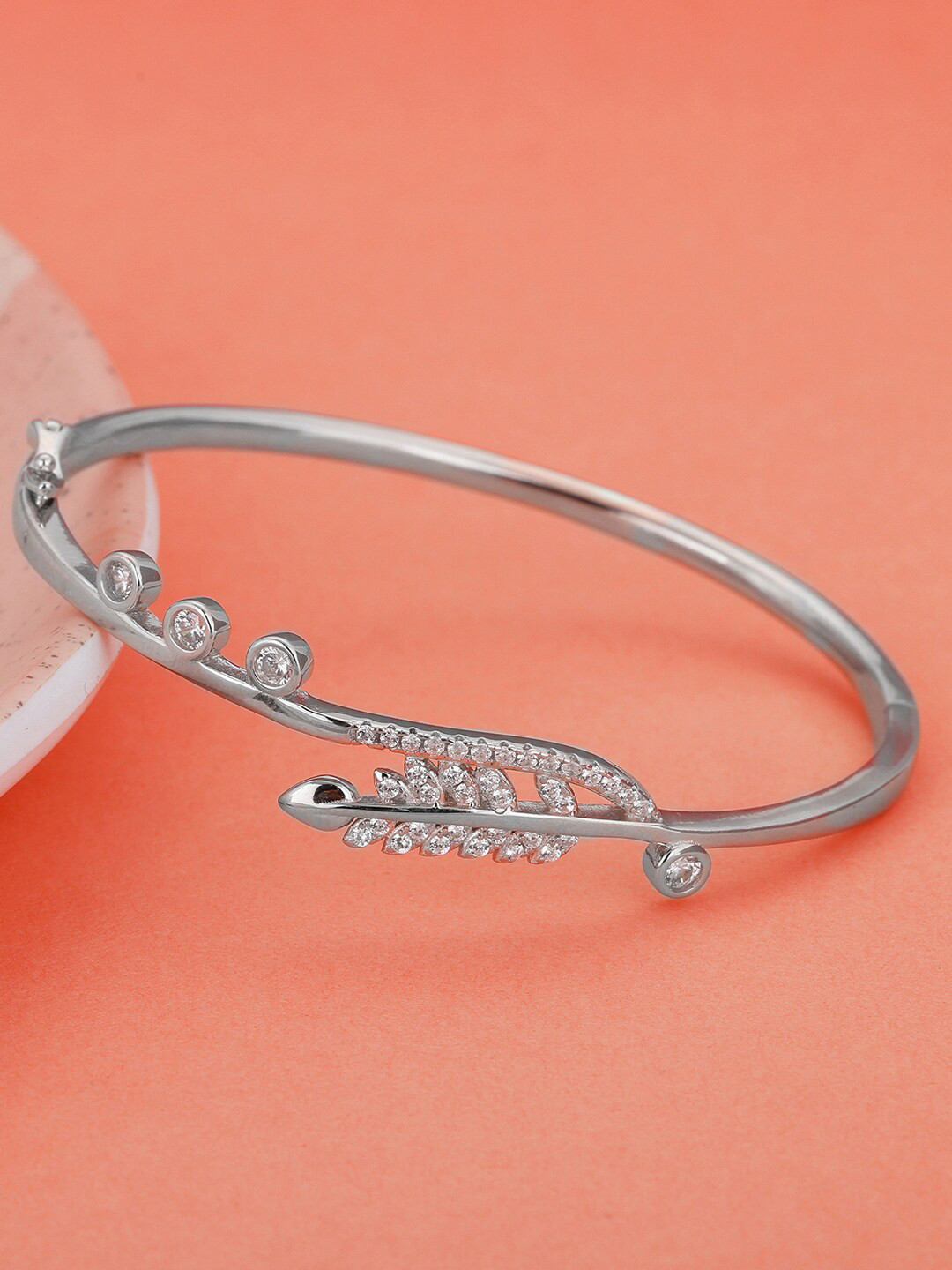 GIVA Women Silver-Toned & White Sterling Silver Cubic Zirconia Rhodium-Plated Kada Bracelet