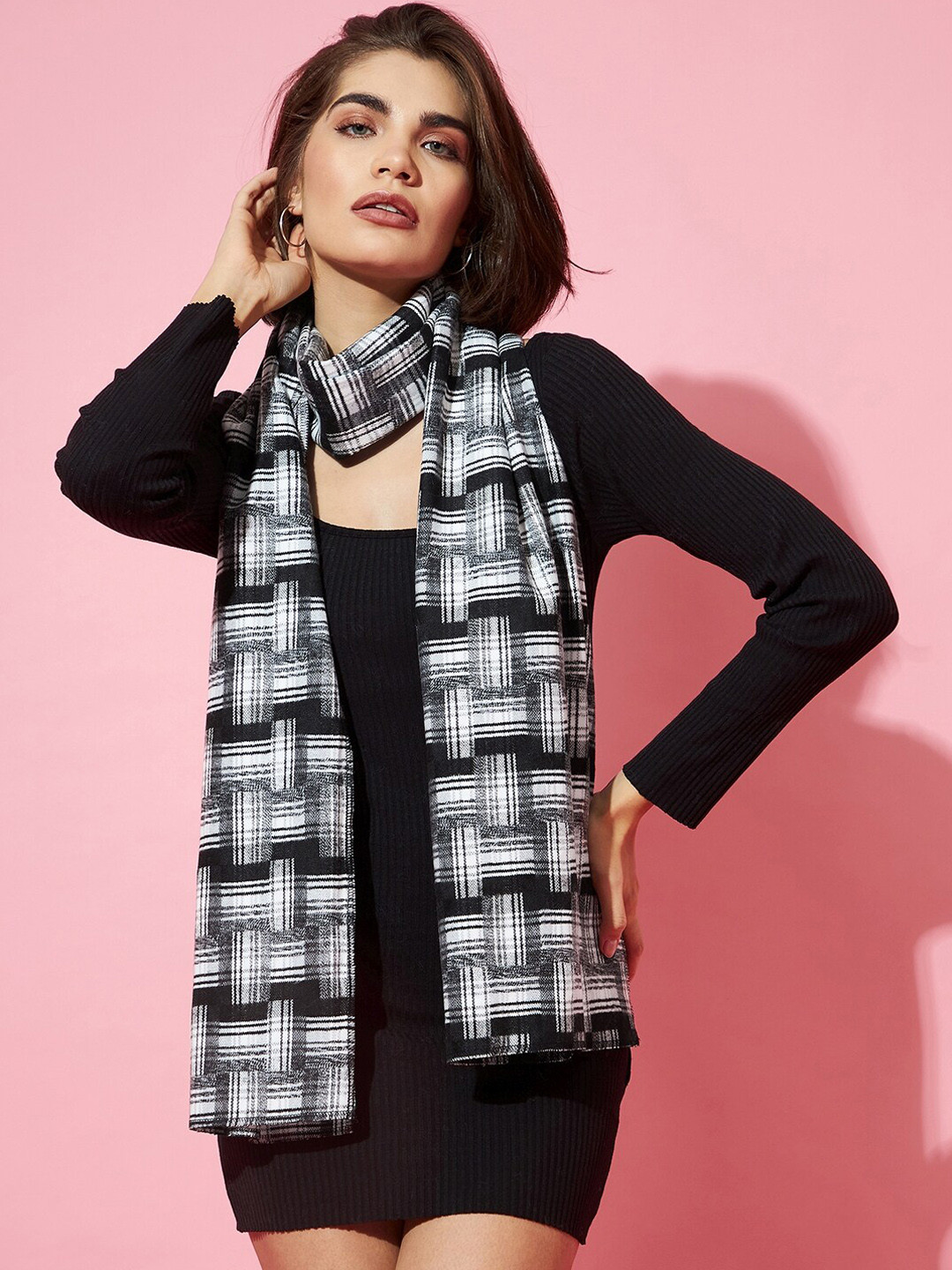 Athena Women White & Black Checked Muffler