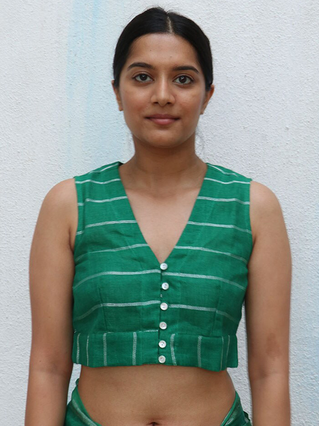 Chidiyaa Women Green & White Striped Saree Blouse