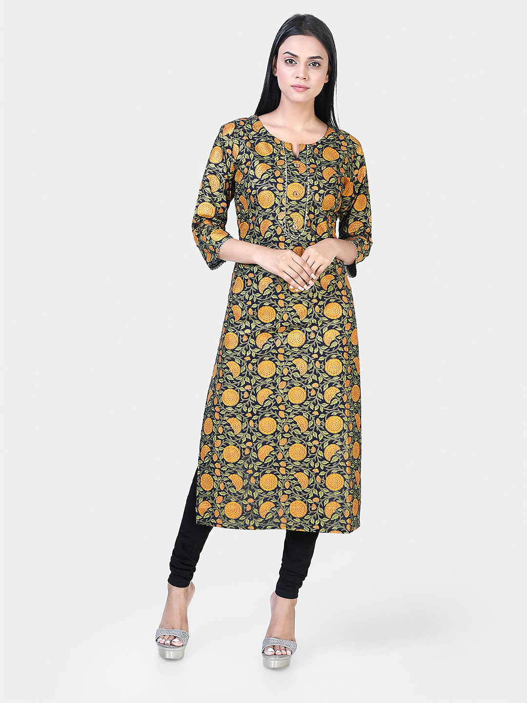 Jevi Prints Women Blue & Yellow Pure Cotton Ethnic Motifs Printed Kurta