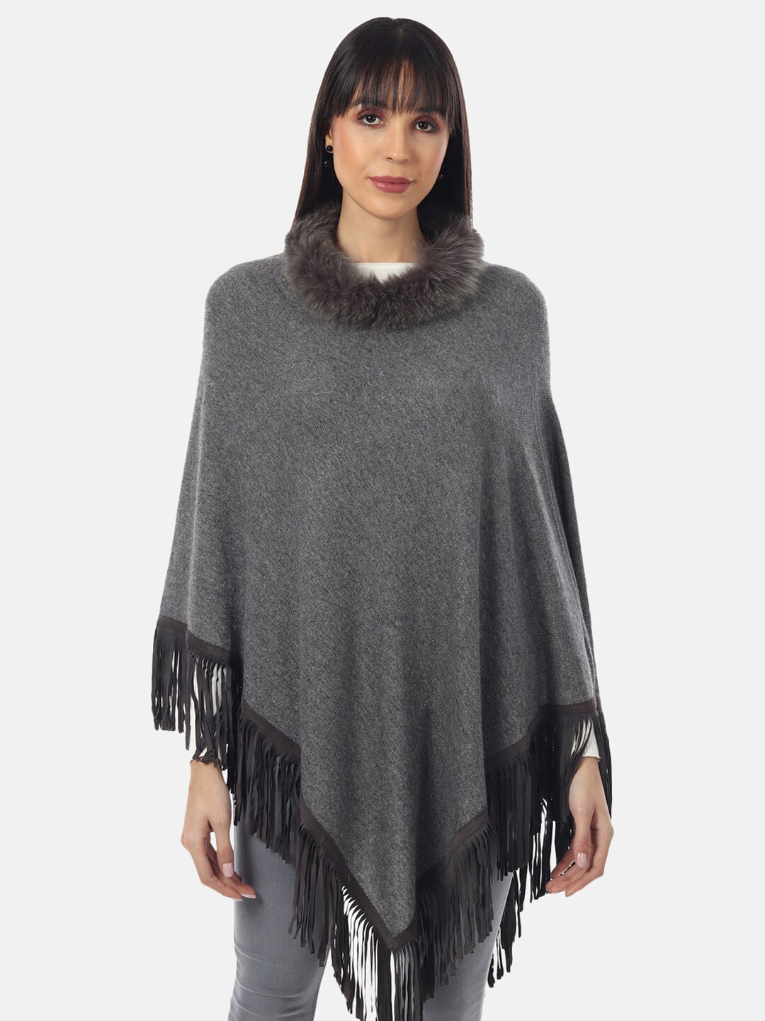 MUFFLY Women Grey Longline Poncho with Fringed Detail