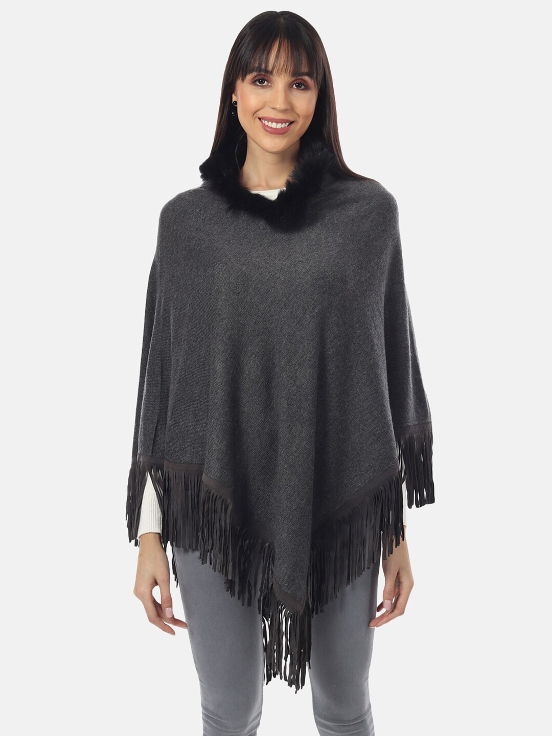 MUFFLY Women Black Poncho with Fringed Detail
