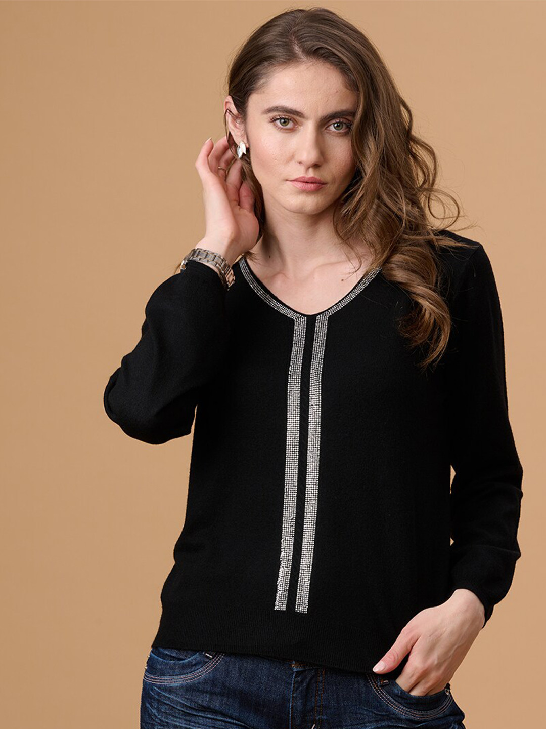 Gipsy Women Black & White Pullover with Embellished Detail