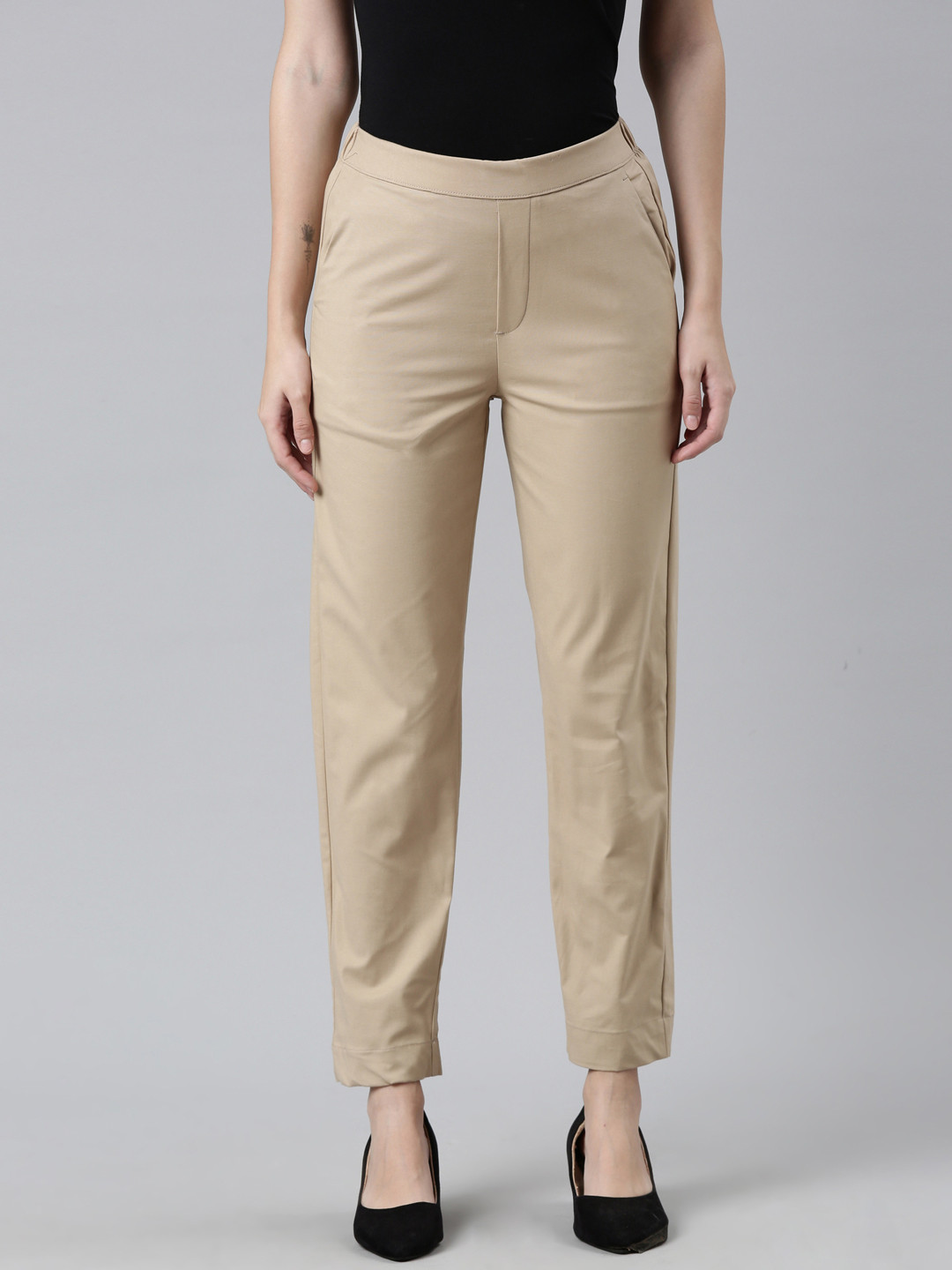 Go Colors Women Plus Size Beige Cotton Straight Fit Chinos Trousers