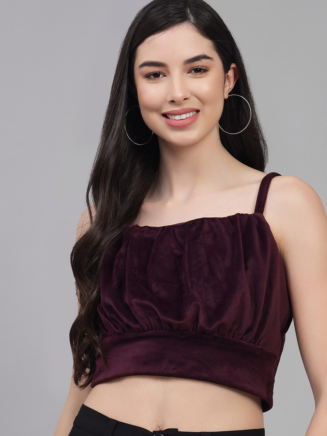 ADDYVERO Women Maroon Velvet Blouson Crop Top