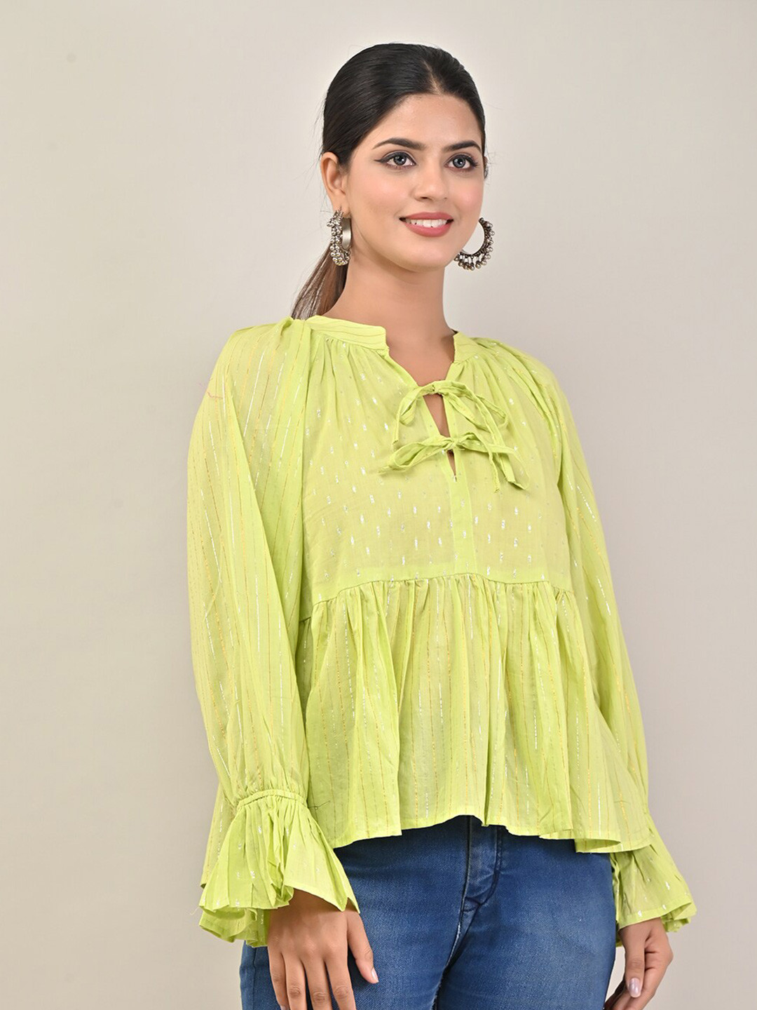 CYU Lime Green Print Tie-Up Neck Pure Cotton Peplum Top