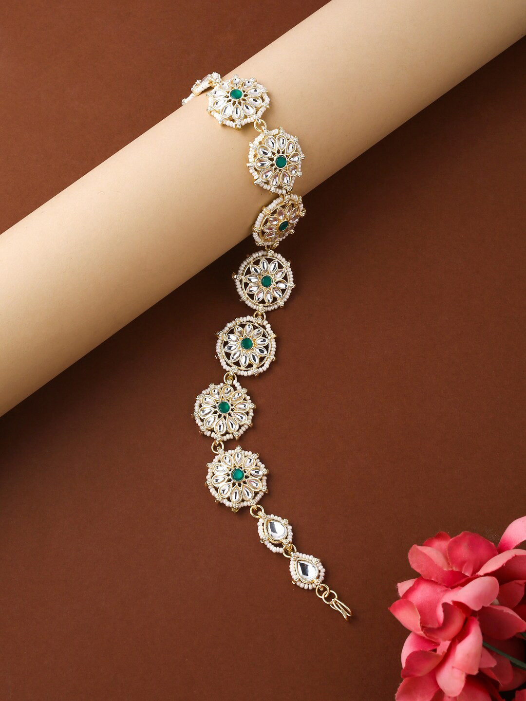 VIRAASI Gold-Plated White & Green Kundan-Studded Matha Patti