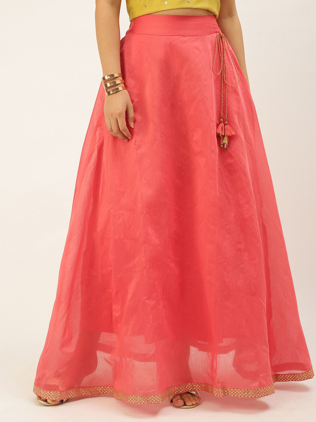 De Moza Women Coral Colored Solid Flared Full Length Maxi Skirt