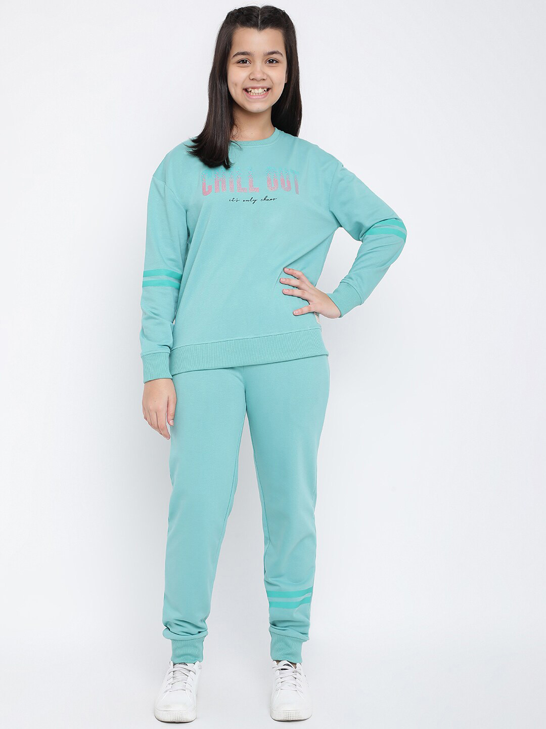 Lil Tomatoes Girls Sea Green Typography Tracksuits
